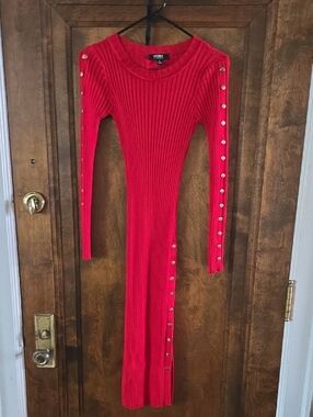 Bershka Red Ribbed Long-Sleeve Button-Trim Bodycon Dress